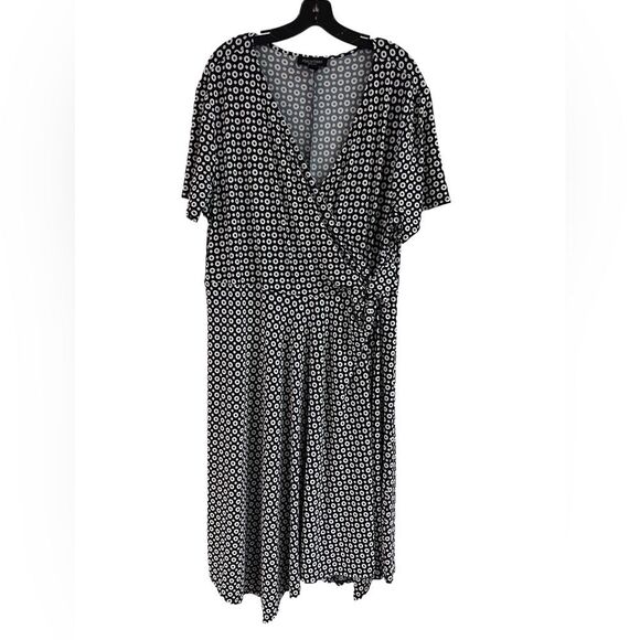 Pleione Blue White Circle Print Handkerchief Hem Faux Wrap Dress Size 2X - Picture 1 of 5